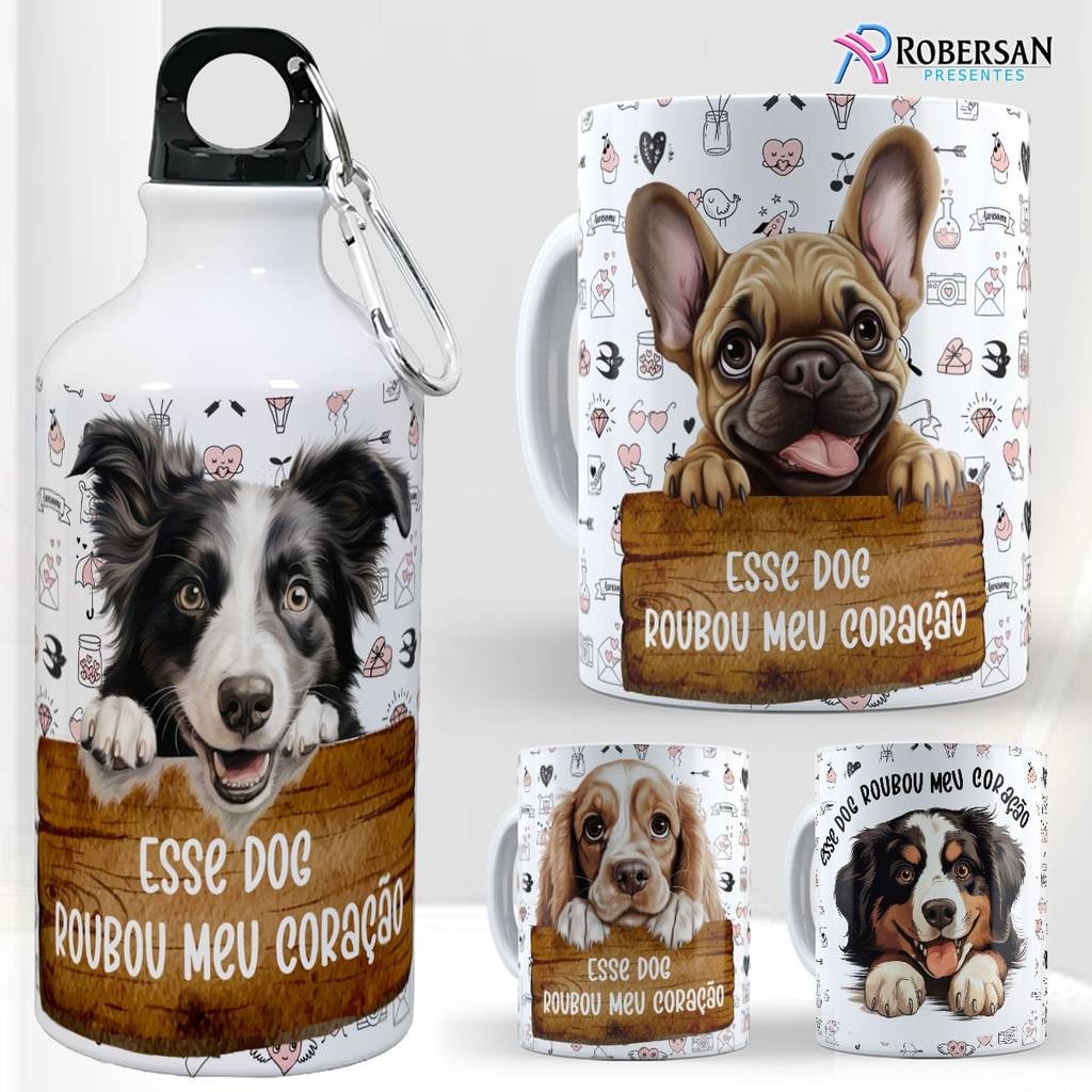 Kit Caneca + Garrafa Raças de Cachorros Squeeze Garrafinha Água Inox Cães Presente Pet Lover Dog