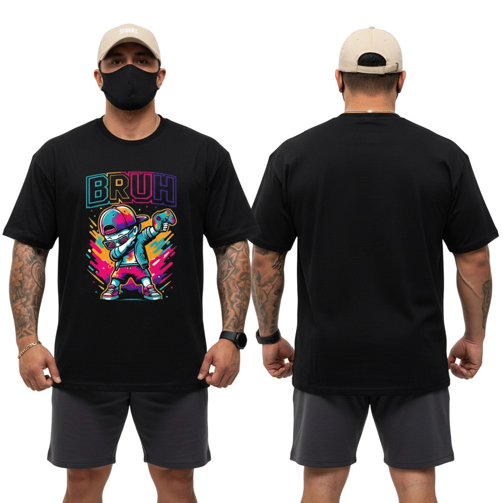 Camiseta Infantil Masculina Preta "BRUH" Grafite Neon Personagem Cartoon Confortavel Divertida Estilosa Urbano