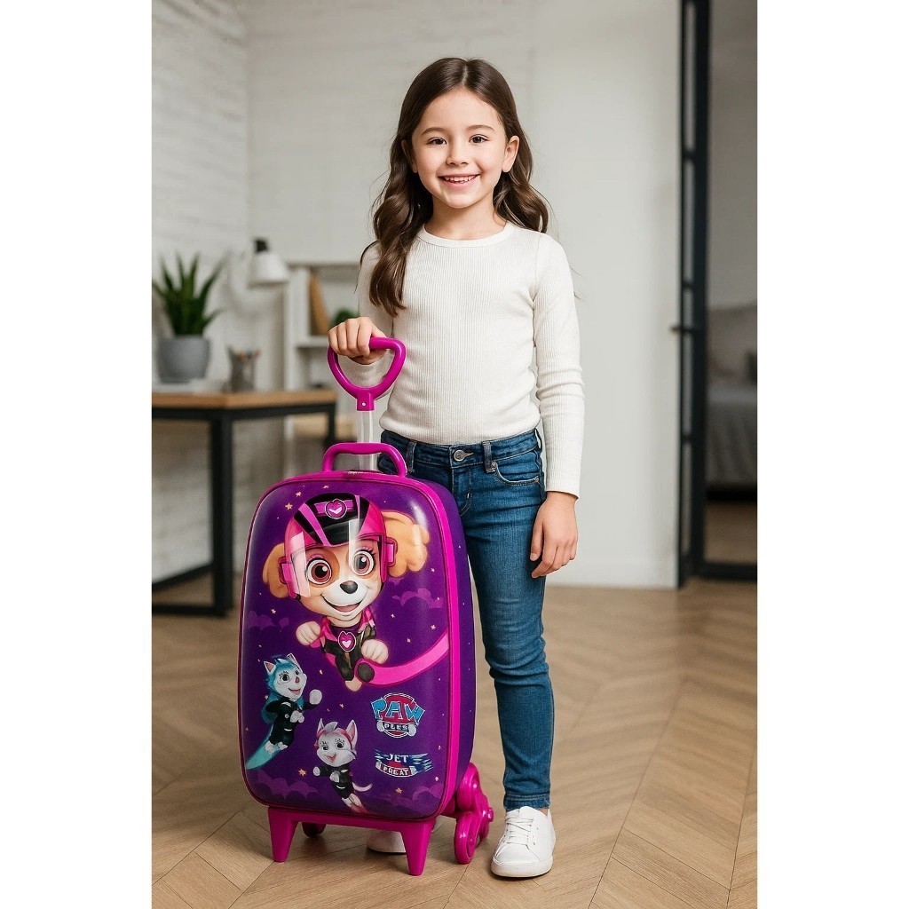 Mala Infantil Patrulha Canina 3D Rodinhas Roxa Mochilete Mochila Viagem Menina Personagem