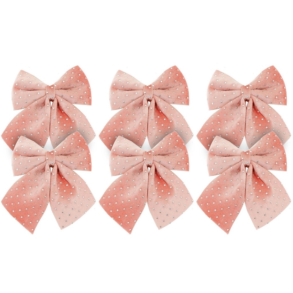 Kit 6 Laços Veludo Rosê Decorados Bolinhas Prata Natal 12x13cm - Magizi