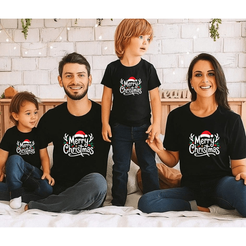 Kit com 2 Camisetas Família Natalina Merry Christmas com Sino e Gorro na cor Preta