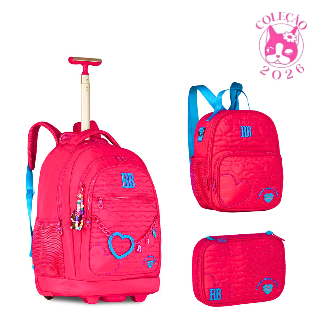 Kit Mochila de Rodinha Com Estojo E Lancheira Rebecca Bonbon Heart Beats Kit:Rosa