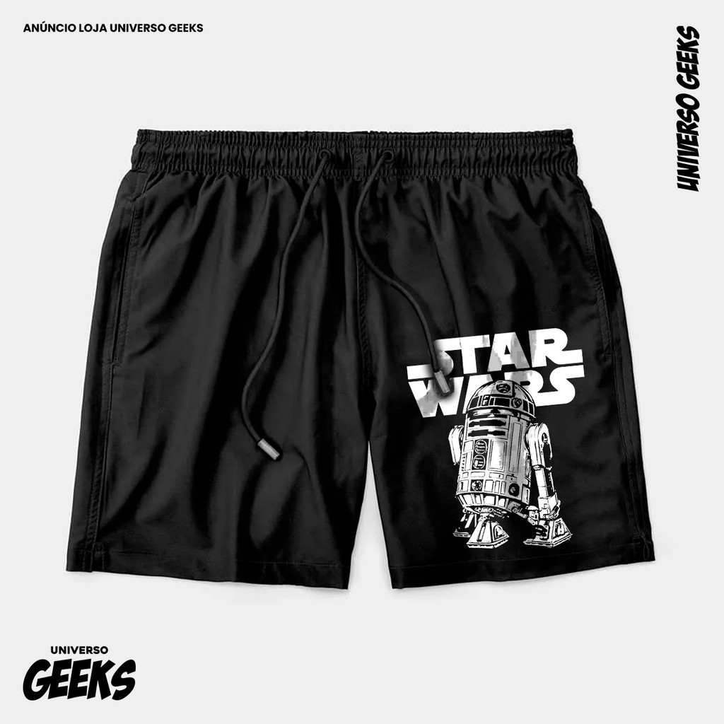 Bermuda Tactel Star Wars R2-D2 Robô Nerd Geek Short Confortável Com Elastano Ideal Lazer Treino Esportes Praia