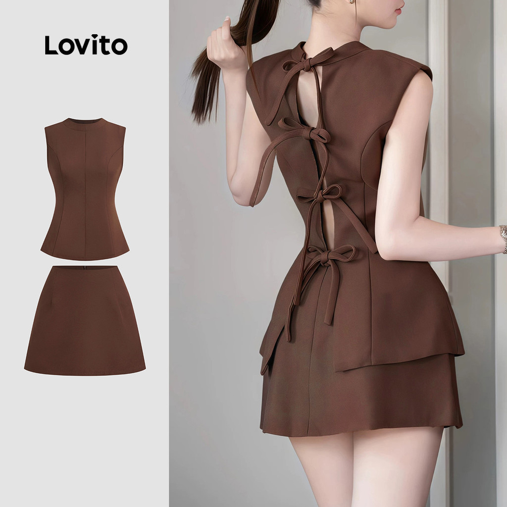 B142-AG25-A-2-Cardigan com cadarço retrô sem mangas e saia retrô simples-SHB142P1D436 em Oferta na Shopee