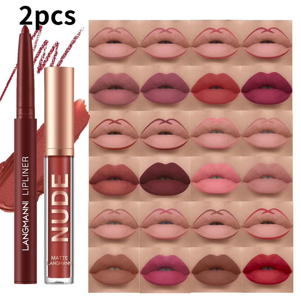 Langmani conjunto de brilho labial e delineador labial, 2 peças, copo antiaderente, conjunto de brilho labial fosco, bat