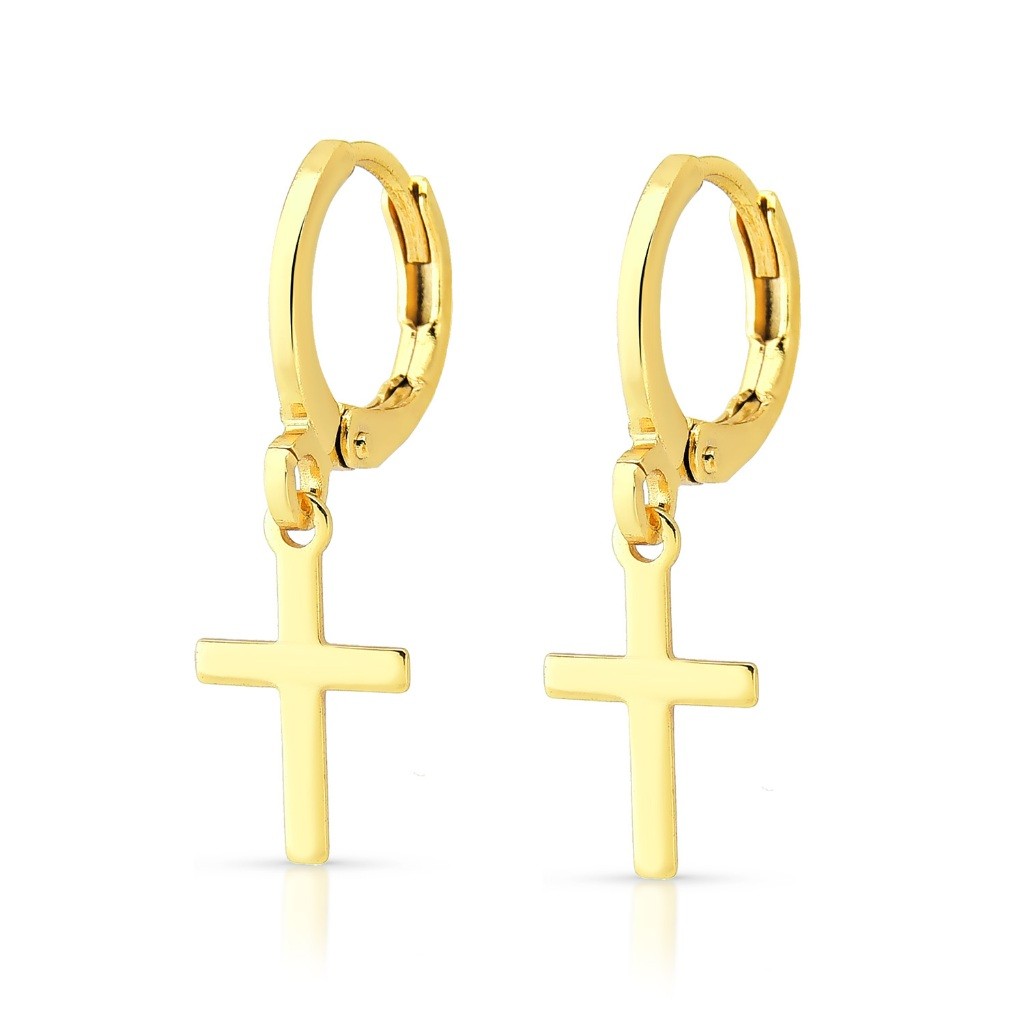 Brinco Feminino Argolinha com Cruz Lisa Banhado a Ouro 18k Promoção Semi Joia