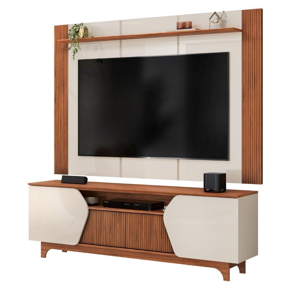 Rack Bancada com Painel Para TV Até 75 Polegadas 1,83m 4 Portas Frisado Heloisa Off White/Madeirado