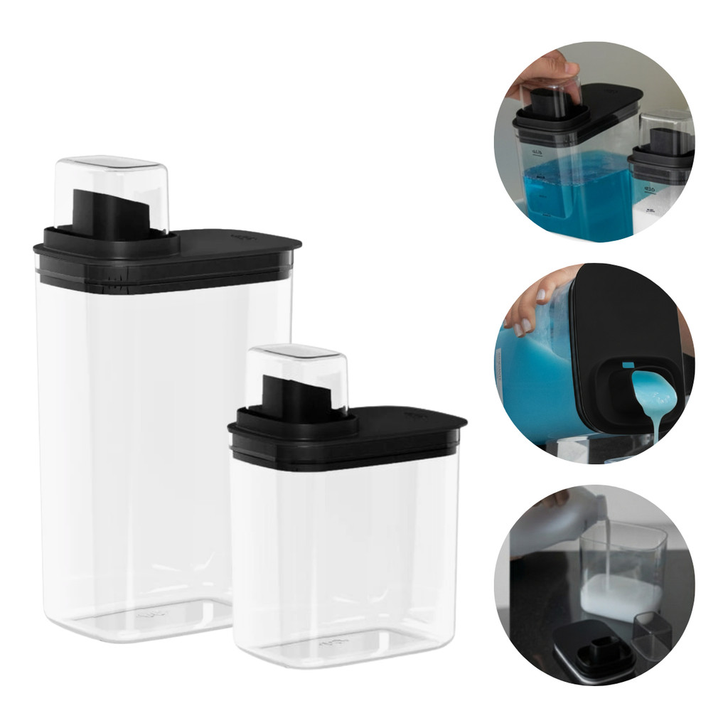 Kit 2un Dispenser Organizador Porta Sabão Amaciante Lavanderia C/Medidor 1,5L+2,3L Flow OU - Preto