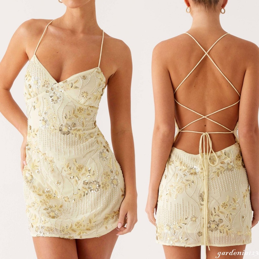 Mini Vestido Feminino Lantejoulas Flor Bordado Sem Mangas Verão Cruz Costas Vestidos De Alça Espaguete