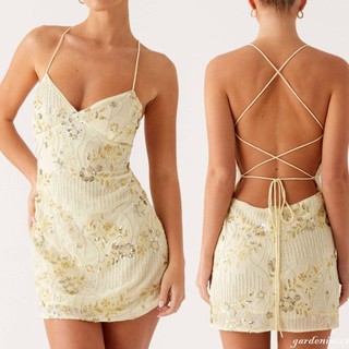 Mini Vestido Feminino Lantejoulas Flor Bordado Sem Mangas Verão Cruz Costas Vestidos De Alça Espaguete