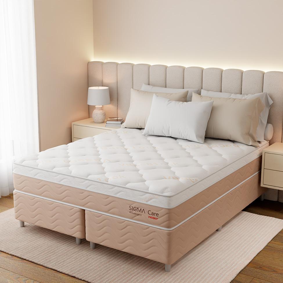 Cama Box com Colchão Queen Sigma Care (23x158x198) Bege e Branco