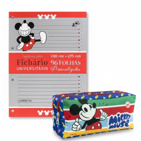 Refil Folhas de Fichário Minnie e Mickey 96 Folhas Dac + Estojo Dac Duplo Mickey Mouse