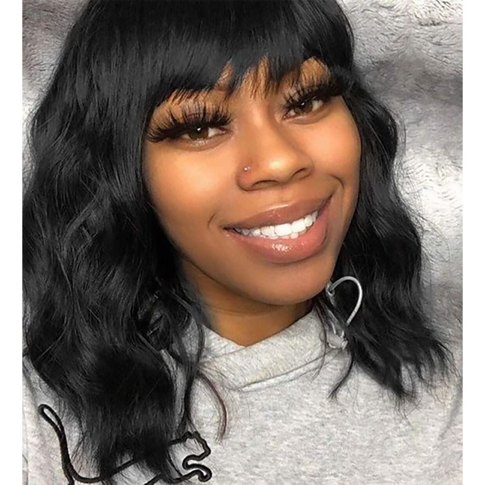 Peruca preta com franja para mulheres, peruca curta estilo bob, ondulada e encaracolada, cabelo preto natural, peruca re