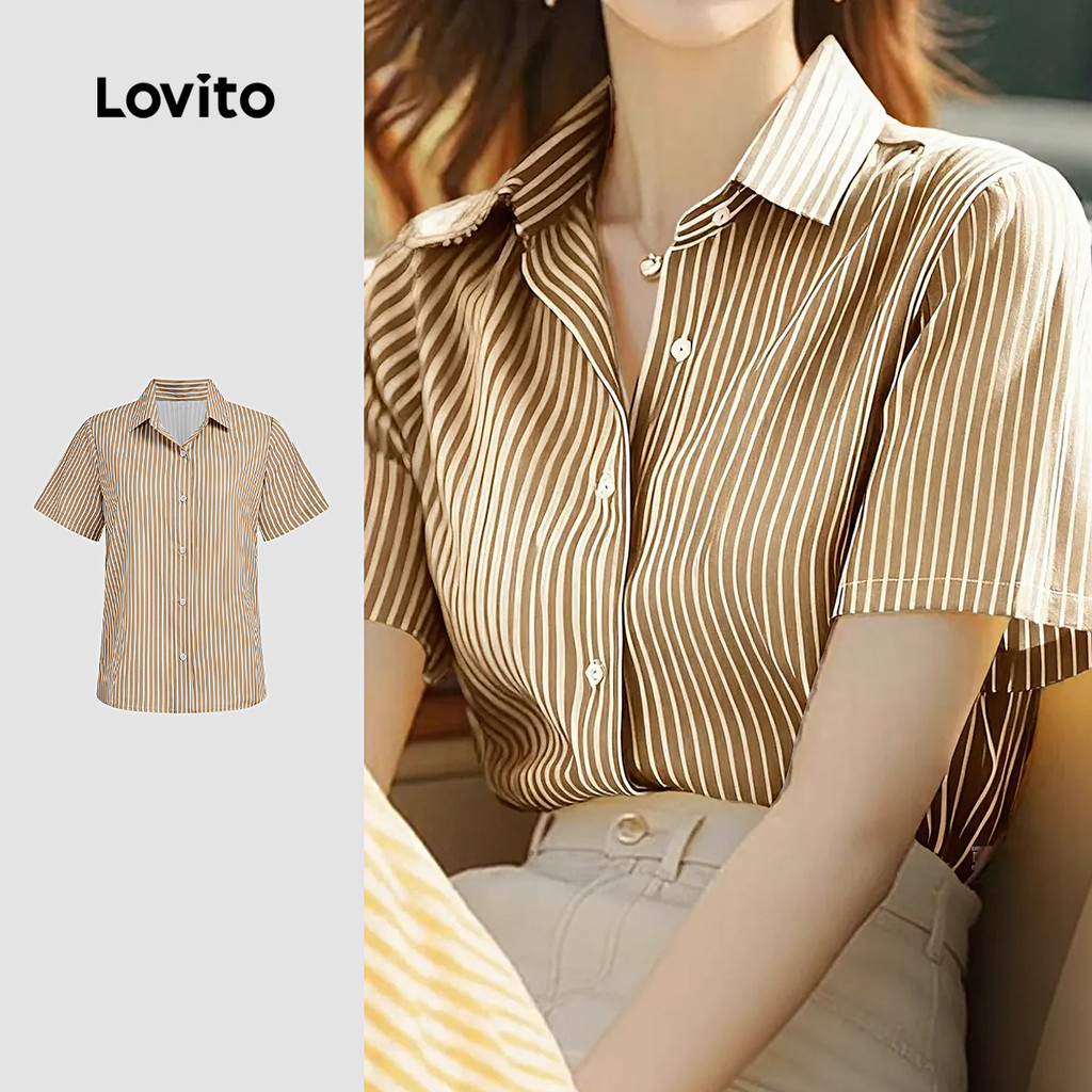 Lovito Blusa Casual de Botões para Mulher de Manga Longa Primavera/verão em cáqui L157LD310