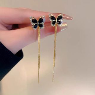 Brincos De Borla Longa Borboleta Coreana – Diamante Preto De Uso Duplo , Brilho Chique E Felpudo Luxuoso Para Modelar O em Oferta na Shopee