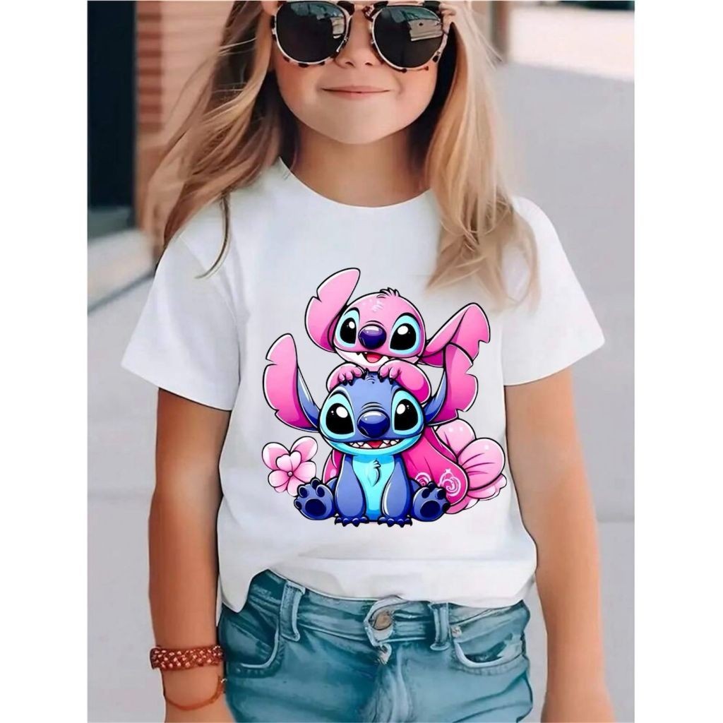 Camiseta Camisa 30.1 Infantil Feminina Malha Algodão Estampa Stitch | Blusa Menina Casual Confortável Stiti Algodão Prem