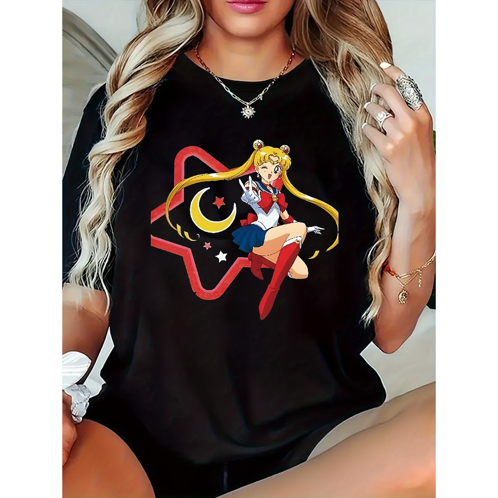 BR Moonlight Camiseta Feminina Sailor Moon Anime Estampa Estrelas Vermelhas Azuis Colorida Confortavel Respirável
