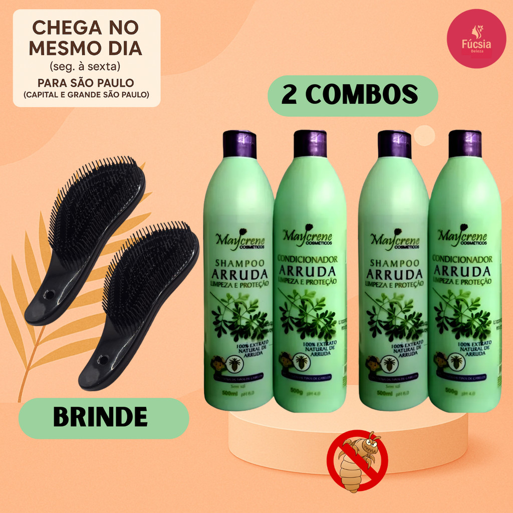 Kit 2 Combos Anti-Piolhos Maycrene com Arruda – 2 x Shampoo, 2 x Condicionador e 2x Escovas Brinde