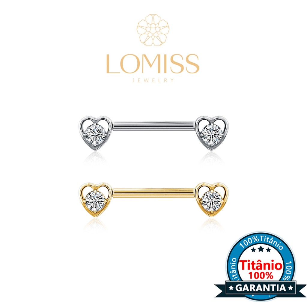 Piercing Mamilo Barbell Titânio Pvd Push Pin 2 Coraçãos Zircônias Transversal Piercing em Oferta na Shopee