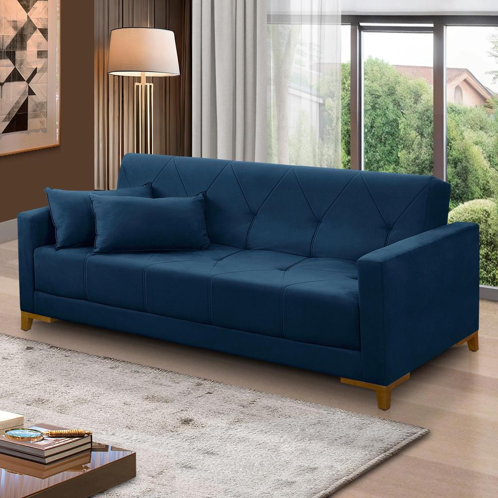 Sofá Cama 3 lugares 2,00m Aurora Suede Azul Adonai Estofados em Oferta na Shopee
