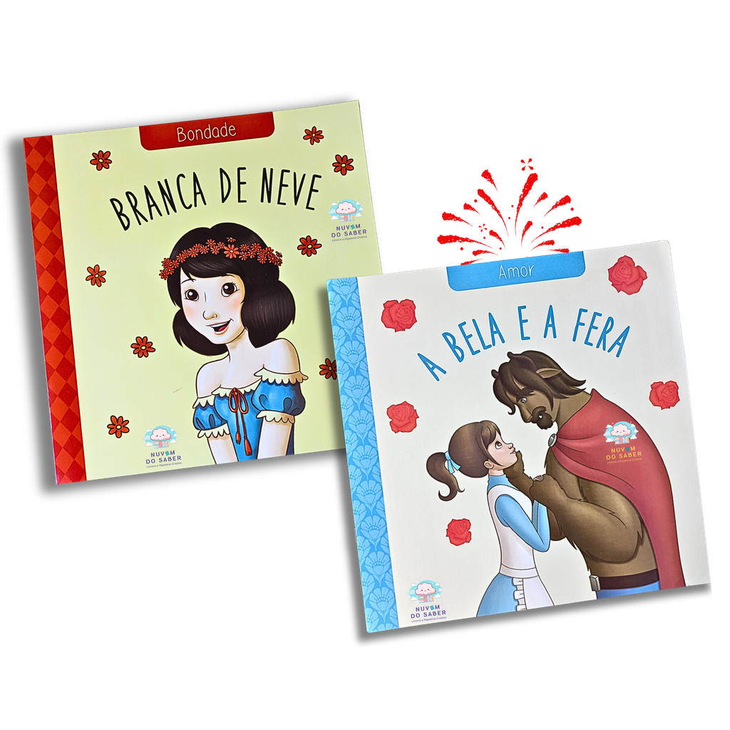 Kit Livro Infantil Branca de Neve e a Bela e a Fera Conto de Fadas Clássicos das Virtudes