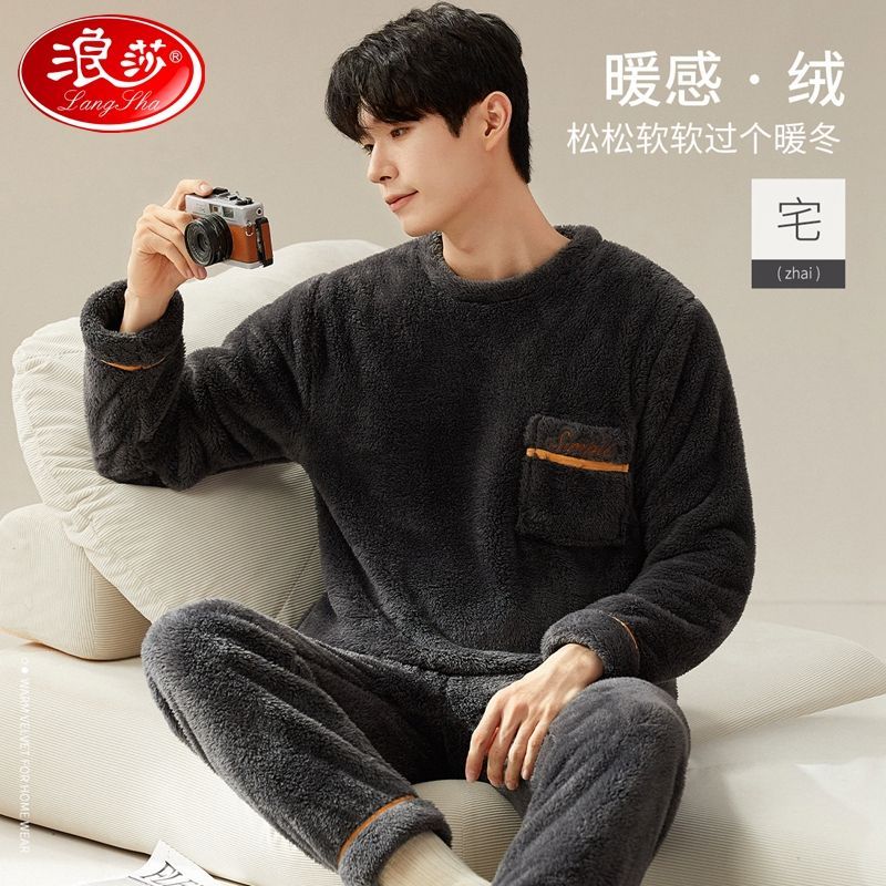Imagem Langsha [pelúcia dupla face quente] Loungewear masculino pulôver redondo pescoço adequado para a pele confortável pijama