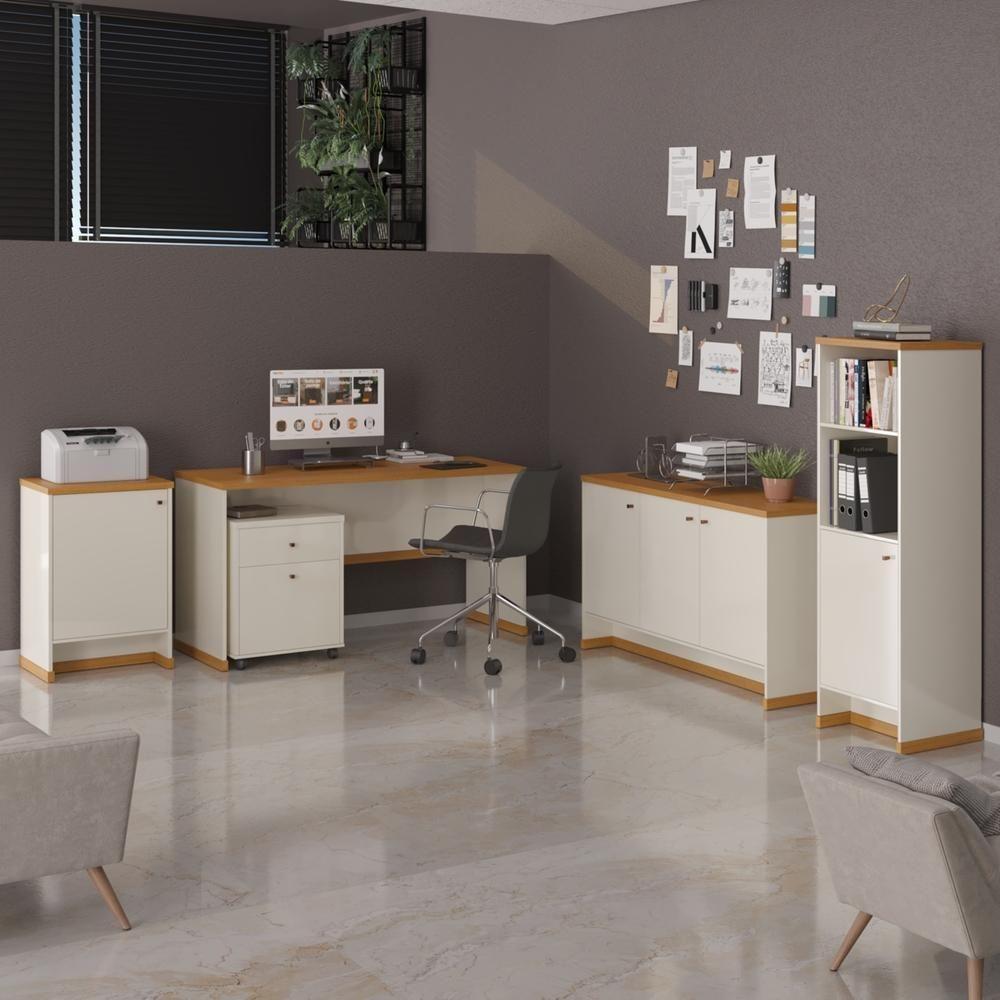 Conjunto Escritório Office Escrivaninha Balcões Gaveteiro Ve - Off White/naturale Off White/naturale