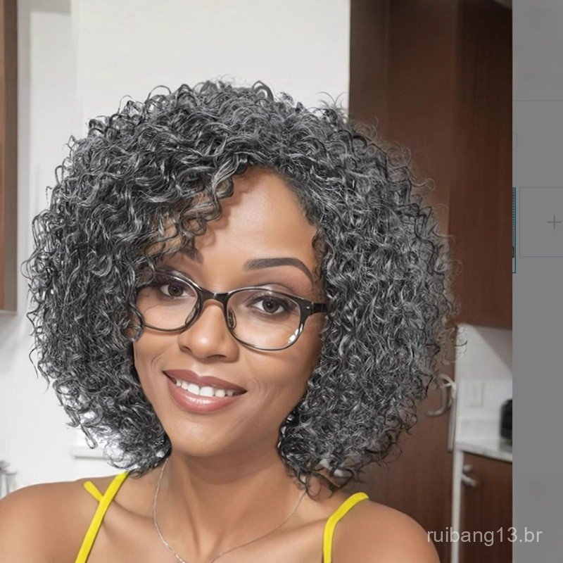 Nova Peruca Africana para Mulheres, Cabelo Curto Cacheado Cinza com Parte Lateral, Peruca Sintética com Frente de Renda,