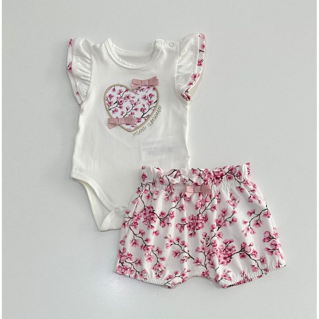 Conjunto Infantil Milon Body Bordado Manga Babado e Shorts Floral Moda Bebe