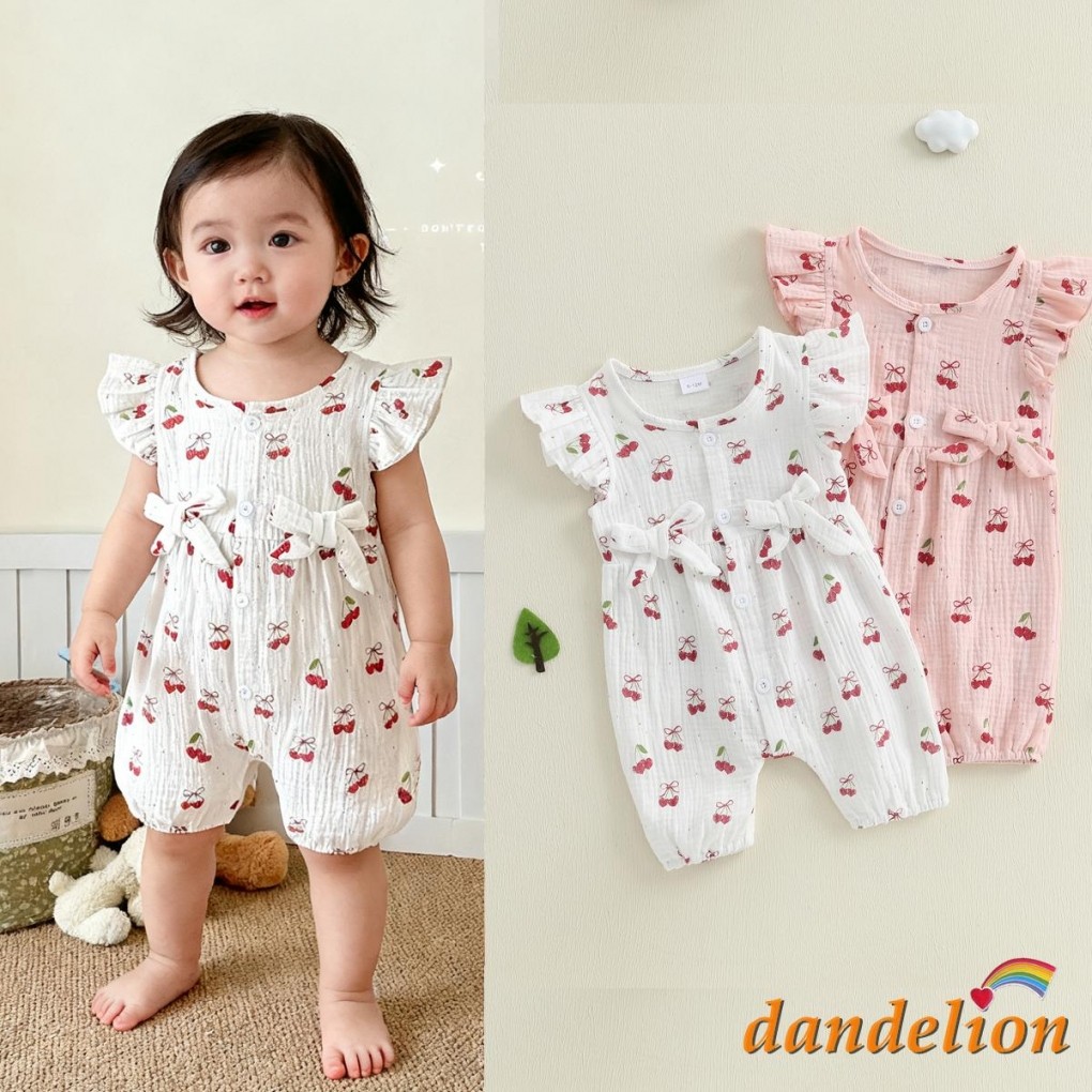 Macacão Com Estampa De Cereja Para Bebês Meninas , Gola Redonda , Manga Voadora , Decoração Laço