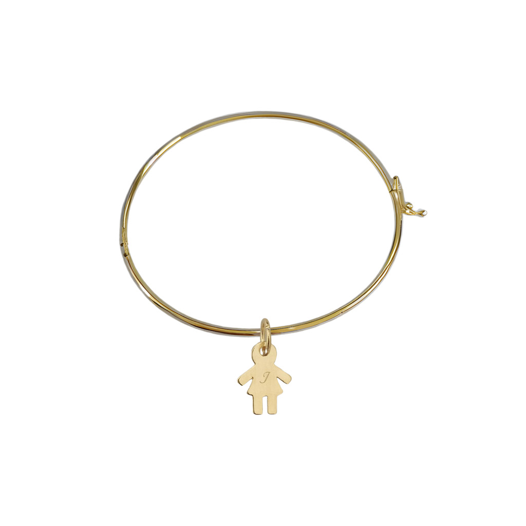 Pulseira Aro Rígido Filhos Pingente Menina com Inicial Banho Ouro 18k Joia Delicado Elegante