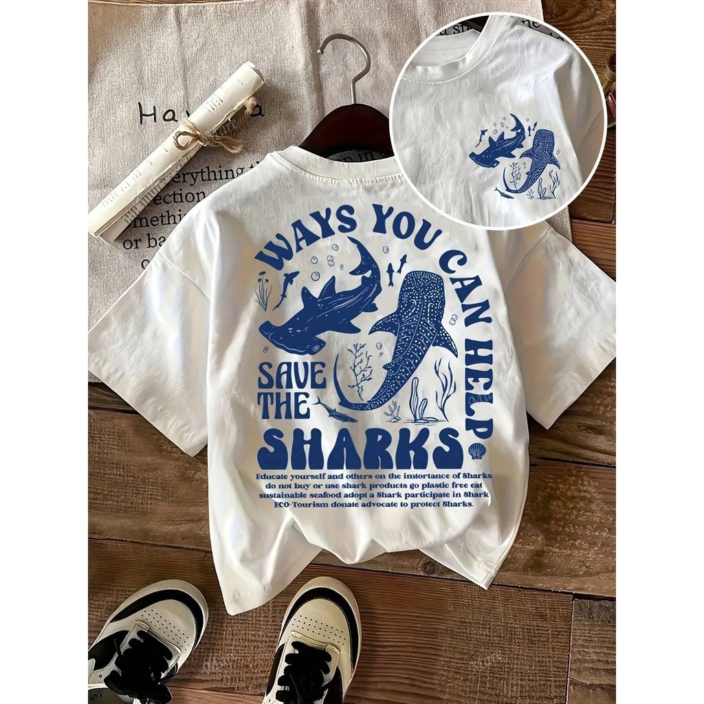 Camiseta Feminina Estampada Tubarão – Estilo Casual e Proteção aos Oceanos 100% Algodão em Oferta na Shopee