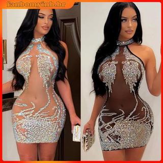 Mini vestido feminino sem mangas de malha alta elástica perspectiva strass  bodycon para noite / festa / clube