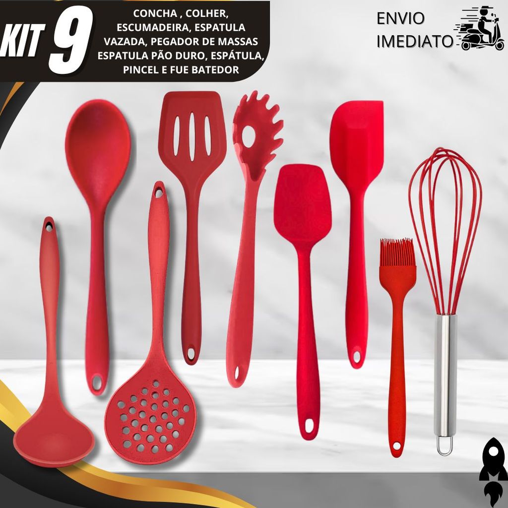 Kit 9 Utensílios de Silicone Para Cozinha Macio Não Risca Panela Resistente ao Calor Livre de BPA