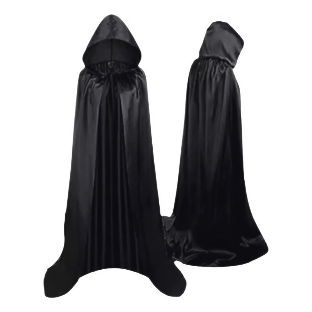 Capa Capuz Preta Fantasia Cetim Adulto 170cm Festa Halloween Vampiro Morte Fantasia Cosplay Dracula Bruxa