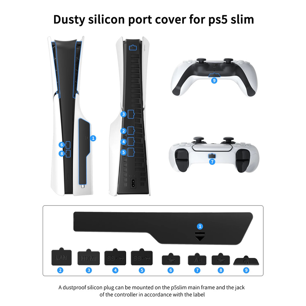 Kit 9 Plugs Tampas Silicone Protetoras Conexão HDMI USB Para Playstation Ps5 SLIM DISCO em Oferta na Shopee
