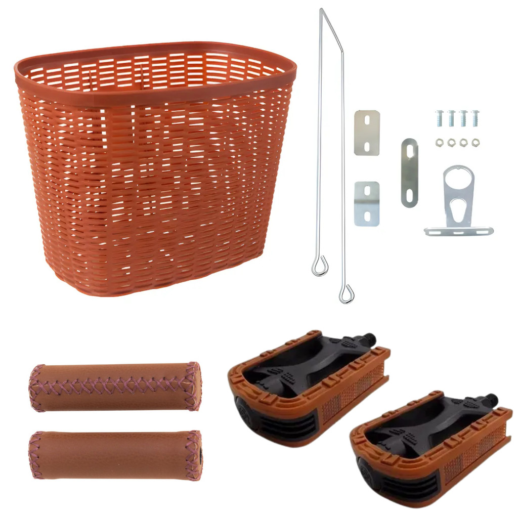 Kit Vintage Marrom Bicicleta aro 24 e 26 Retrô com Cesta + Manopla + Pedal Rosca Fina bike Passeio urbana Feminina.