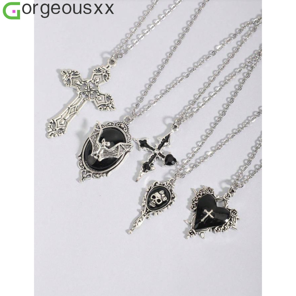 [Gorgeousxx] Conjunto De Colares Com Pingente De Coração E Cruz De Morcego Gótico Para Mulheres Joias Pretas Punk