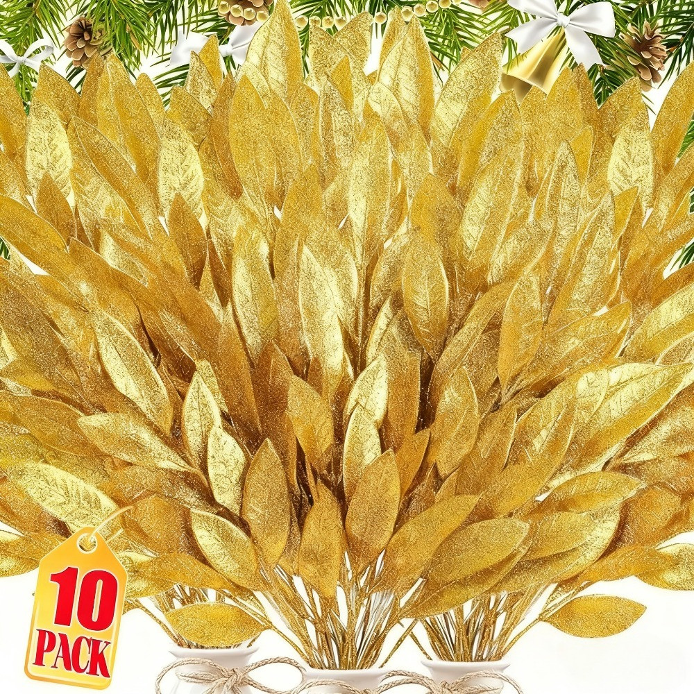 [Feliz Natal] Folhas De Glitter Artificiais Plástico Ouro Prata Folha De Oliveira DIY Enfeites De Árvore De Planta Falsa