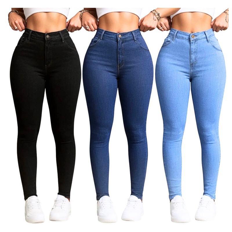 Kit 3 Calça Jeans Feminina Skinny Com Elastano Cintura Alta Modeladora Casual Levanta Bumbum Premium em Oferta na Shopee