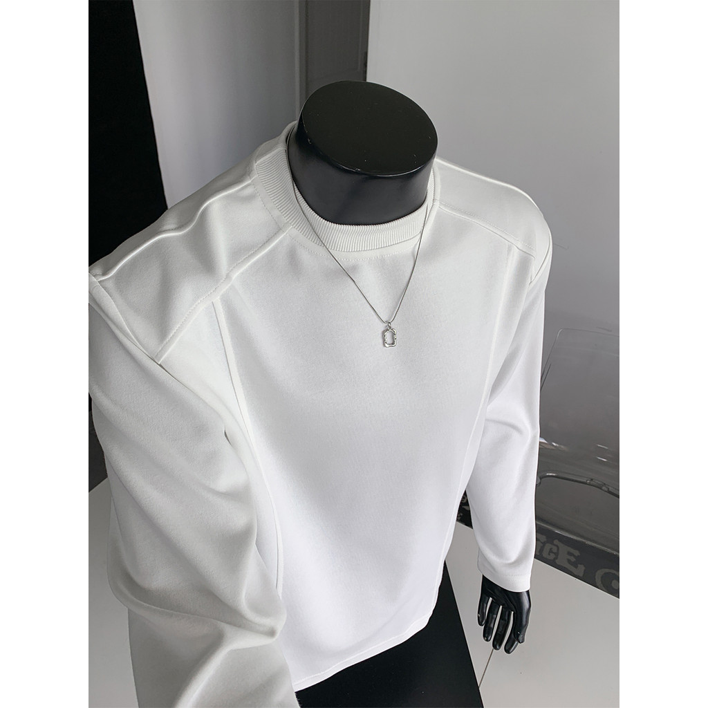 Americano pesado genuíno ombro de manga comprida camiseta masculina primavera branco camisa de fundo interno na moda cle