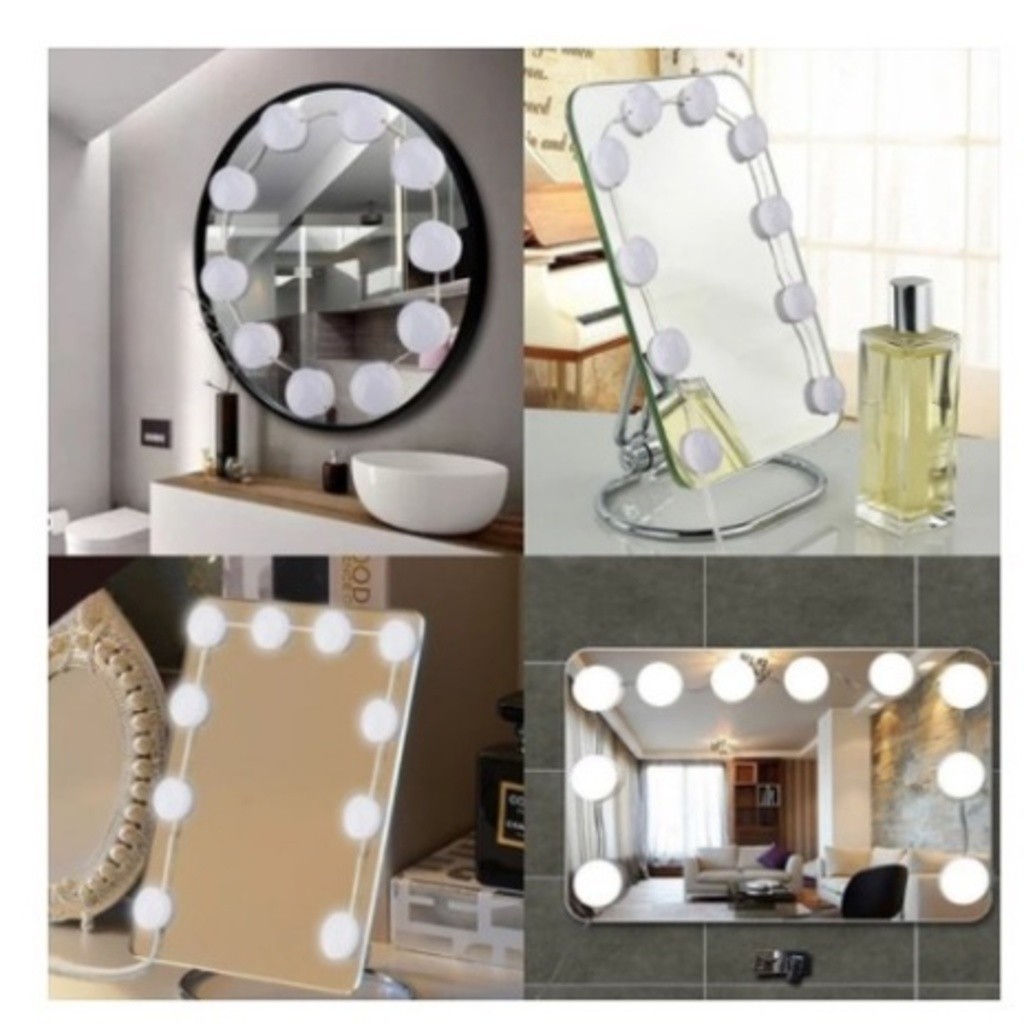 Kit Luz Camarim Espelho Maquiagem 10 Leds Brilho Regulável 3 Cores Fixação Adesiva Ventosas