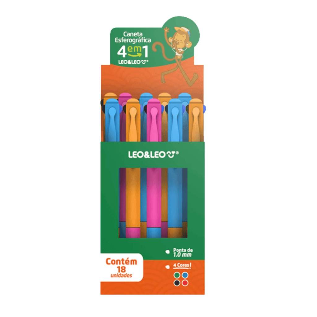 Caneta Esferográfica 4 em 1 Ponta 1.0 - Display c/ 18 unidades Sortidas Leo&Leo Leonora - 10249
