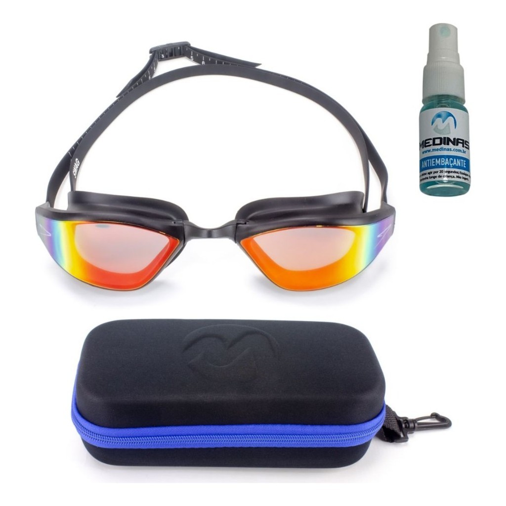 Kit Oculos de Natação Espelhado Speedo Swag + Case Medinas Azul + AntiFog