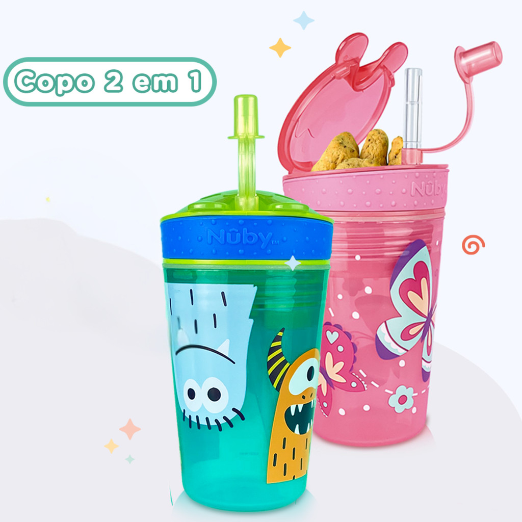 Copo 2 em 1 com Canudo e Porta Snack Infantil 270ml Premium