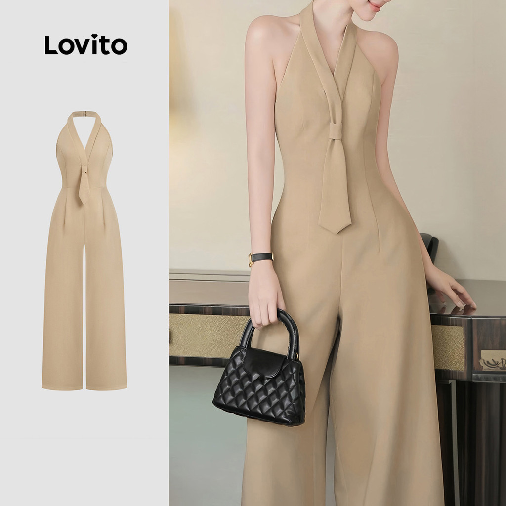 Lovito Macacão Casual de Tirar Noite com Laço para Primavera/verão em Bege Claro para Mulheres L158ED1235 em Oferta na Shopee