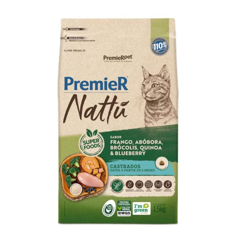 Ração PremieR Nattu Gatos Adultos Castrados Frango, Abobora, Brócolis, Quinoa e Blueberry para 1,5 kg