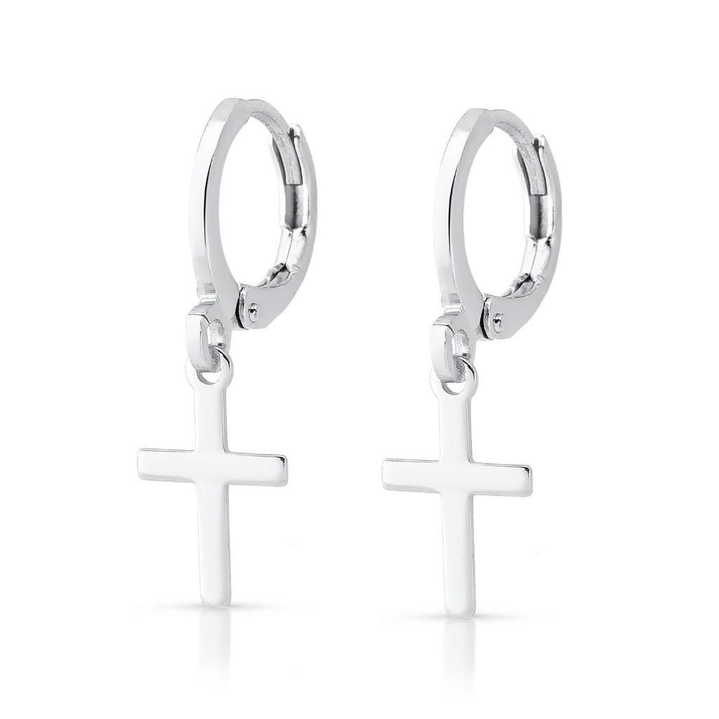 Brinco Feminino Argola com Cruz Prata Liso Banhado a Ouro Branco Semi Joia