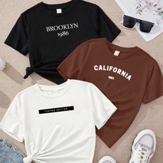 camiseta feminina de algodão kit com 3 Brooklyn California Limited blusa marrom preta branco em Oferta na Shopee