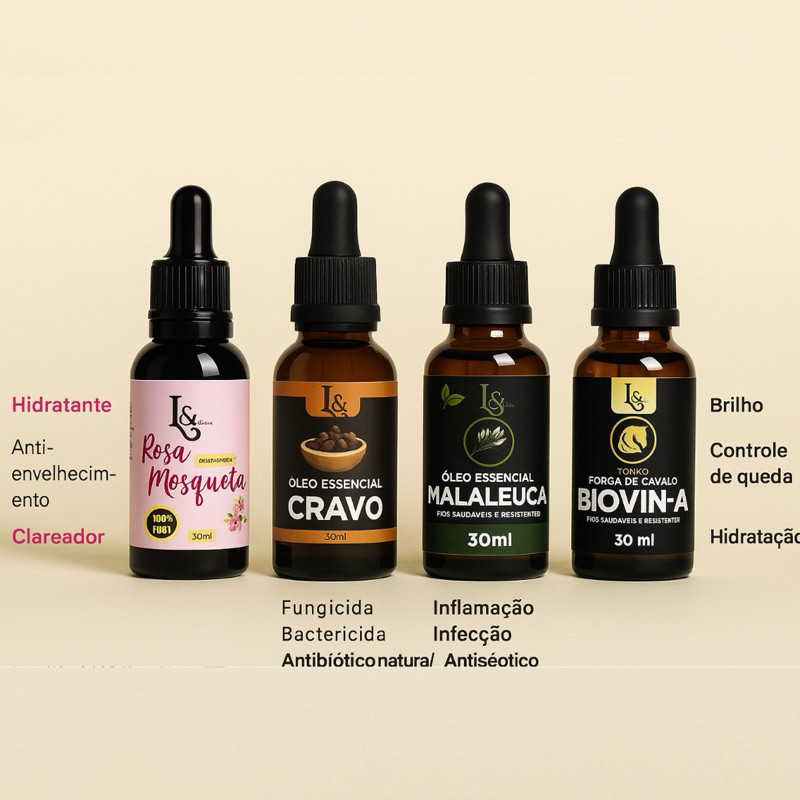 Kit Poderoso 4 Óleos Capilar Corporal Rosa Mosqueta/Cravo/Melaleuca/ Monovin-A 30ml